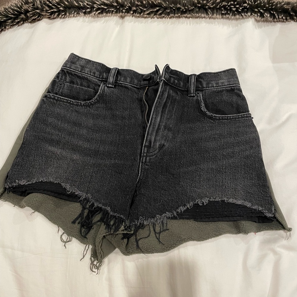 Alexander Wang Bite Clash High Rise Black Denim Green Sweats Cut Off Shorts